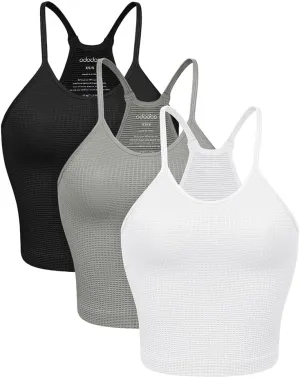 ODODOS Women's Crop 3-Pack Waffle Knit Seamless Camisole Cropped Tank Tops