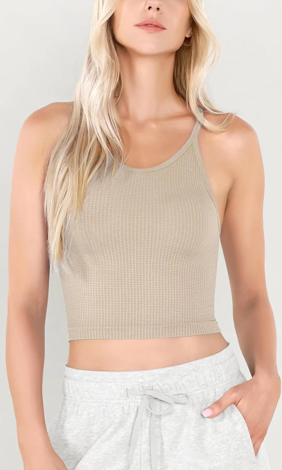 ODODOS Women's Crop 3-Pack Waffle Knit Seamless Camisole Cropped Tank Tops