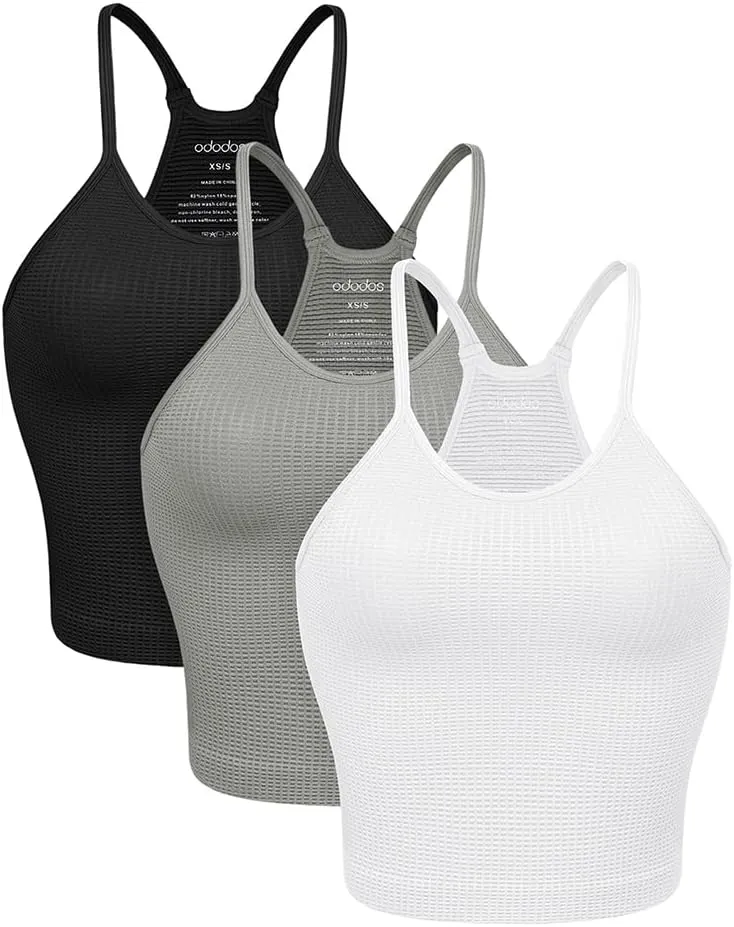 ODODOS Women's Crop 3-Pack Waffle Knit Seamless Camisole Cropped Tank Tops