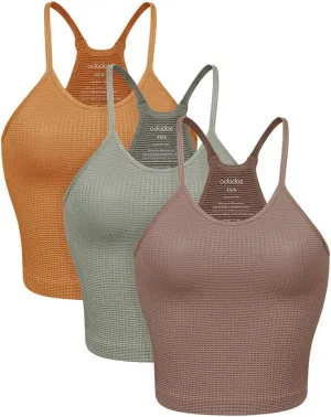 ODODOS Women's Crop 3-Pack Waffle Knit Seamless Camisole Cropped Tank Tops
