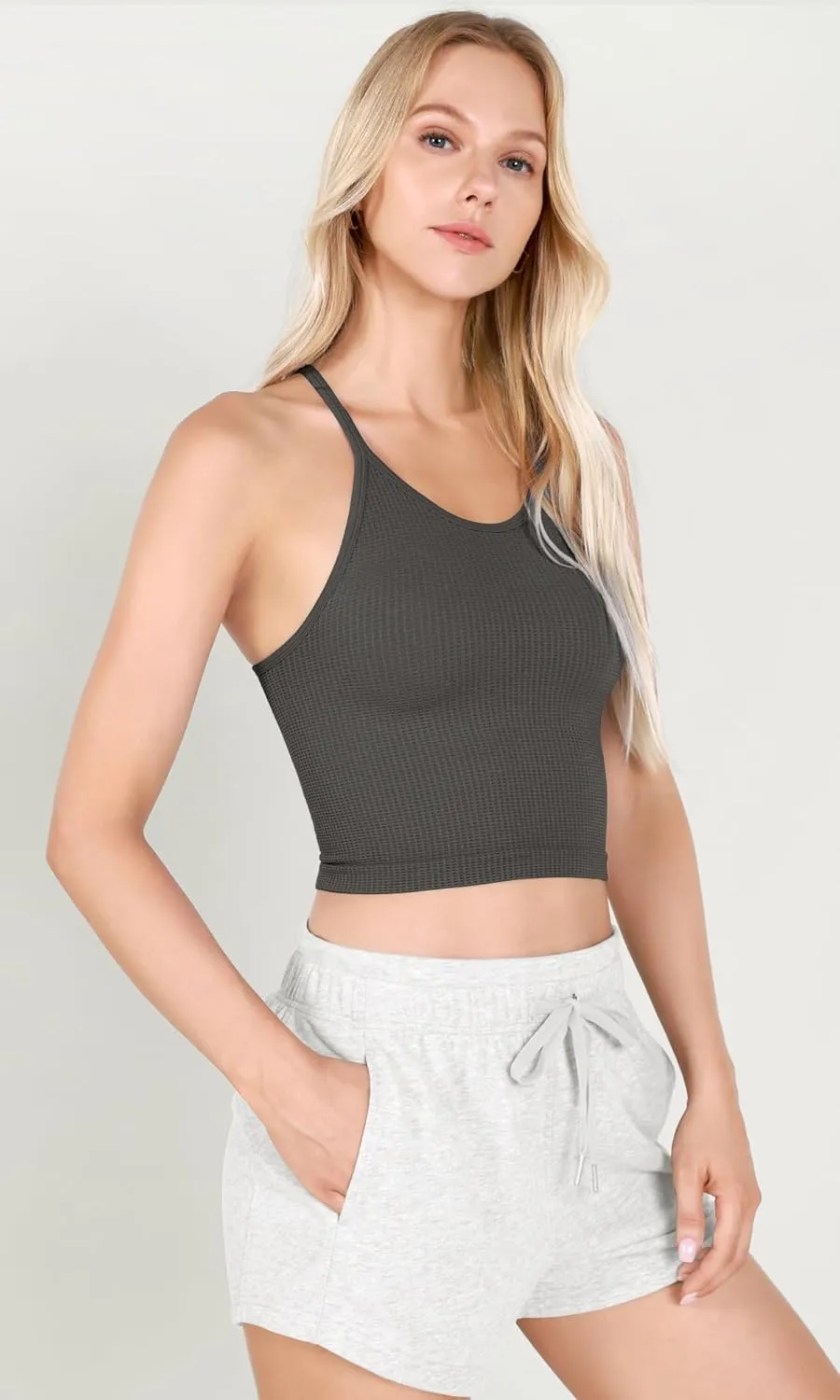ODODOS Women's Crop 3-Pack Waffle Knit Seamless Camisole Cropped Tank Tops