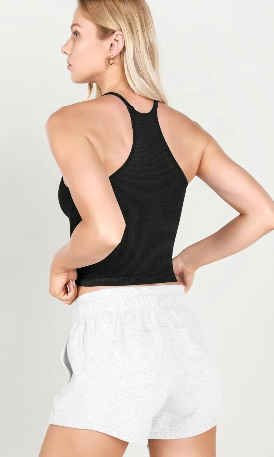 ODODOS Women's Crop 3-Pack Waffle Knit Seamless Camisole Cropped Tank Tops