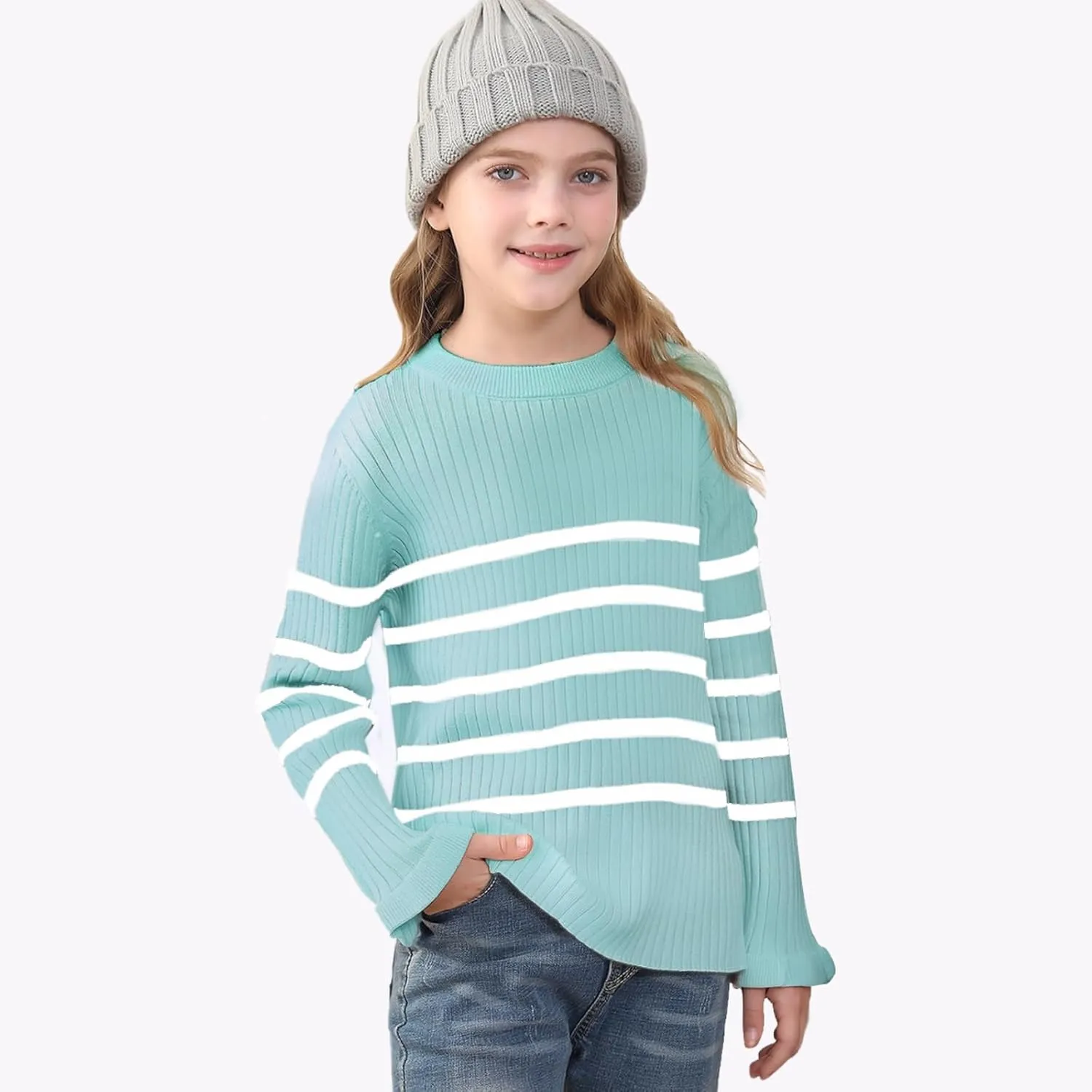 OEBLD Girl's Striped Knit Oversized Fall Sweaters Fashion Long Sleeve Crewneck Pullover Sweater Trendy Tops