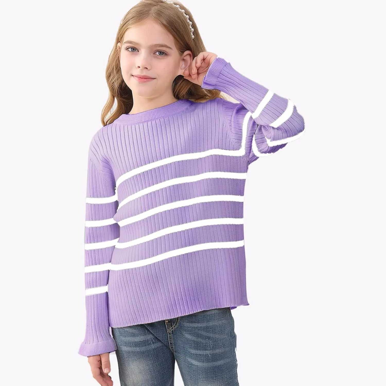 OEBLD Girl's Striped Knit Oversized Fall Sweaters Fashion Long Sleeve Crewneck Pullover Sweater Trendy Tops