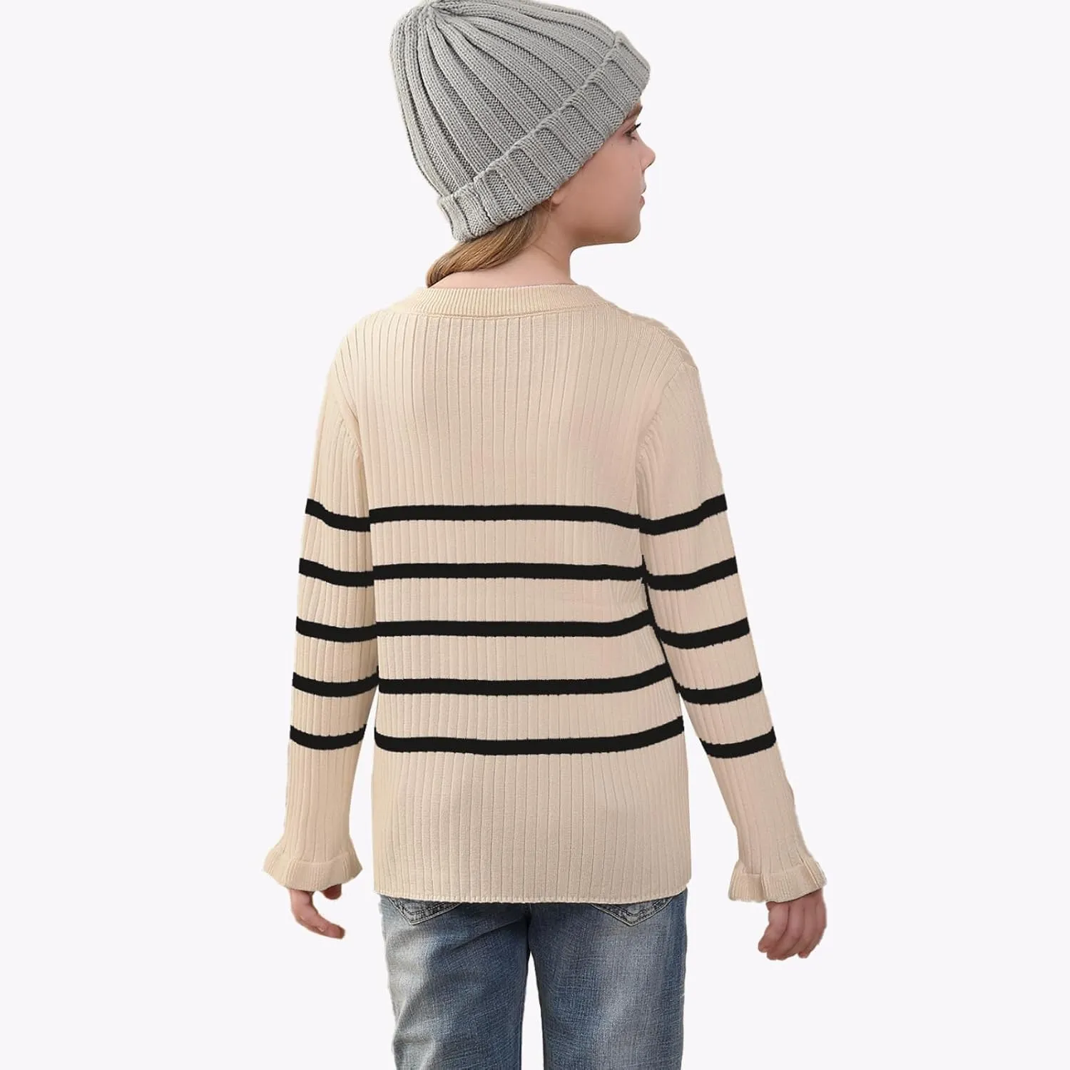 OEBLD Girl's Striped Knit Oversized Fall Sweaters Fashion Long Sleeve Crewneck Pullover Sweater Trendy Tops