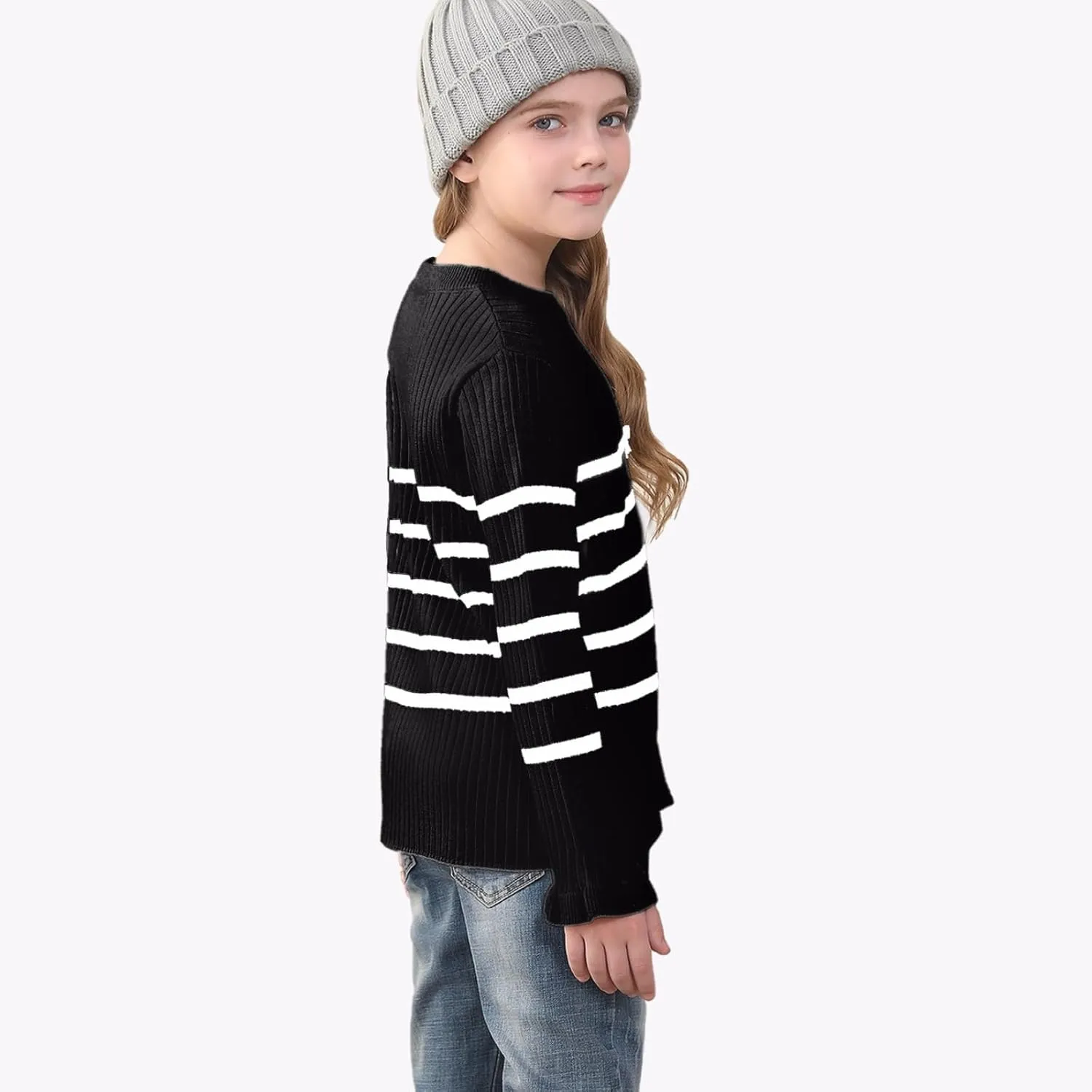 OEBLD Girl's Striped Knit Oversized Fall Sweaters Fashion Long Sleeve Crewneck Pullover Sweater Trendy Tops