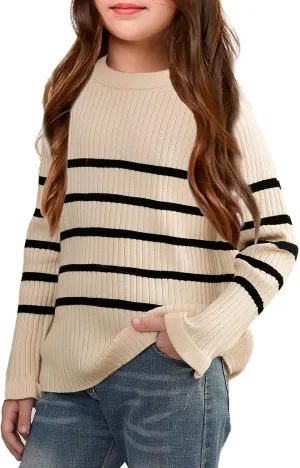 OEBLD Girl's Striped Knit Oversized Fall Sweaters Fashion Long Sleeve Crewneck Pullover Sweater Trendy Tops