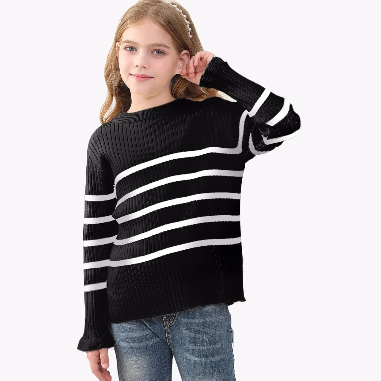OEBLD Girl's Striped Knit Oversized Fall Sweaters Fashion Long Sleeve Crewneck Pullover Sweater Trendy Tops