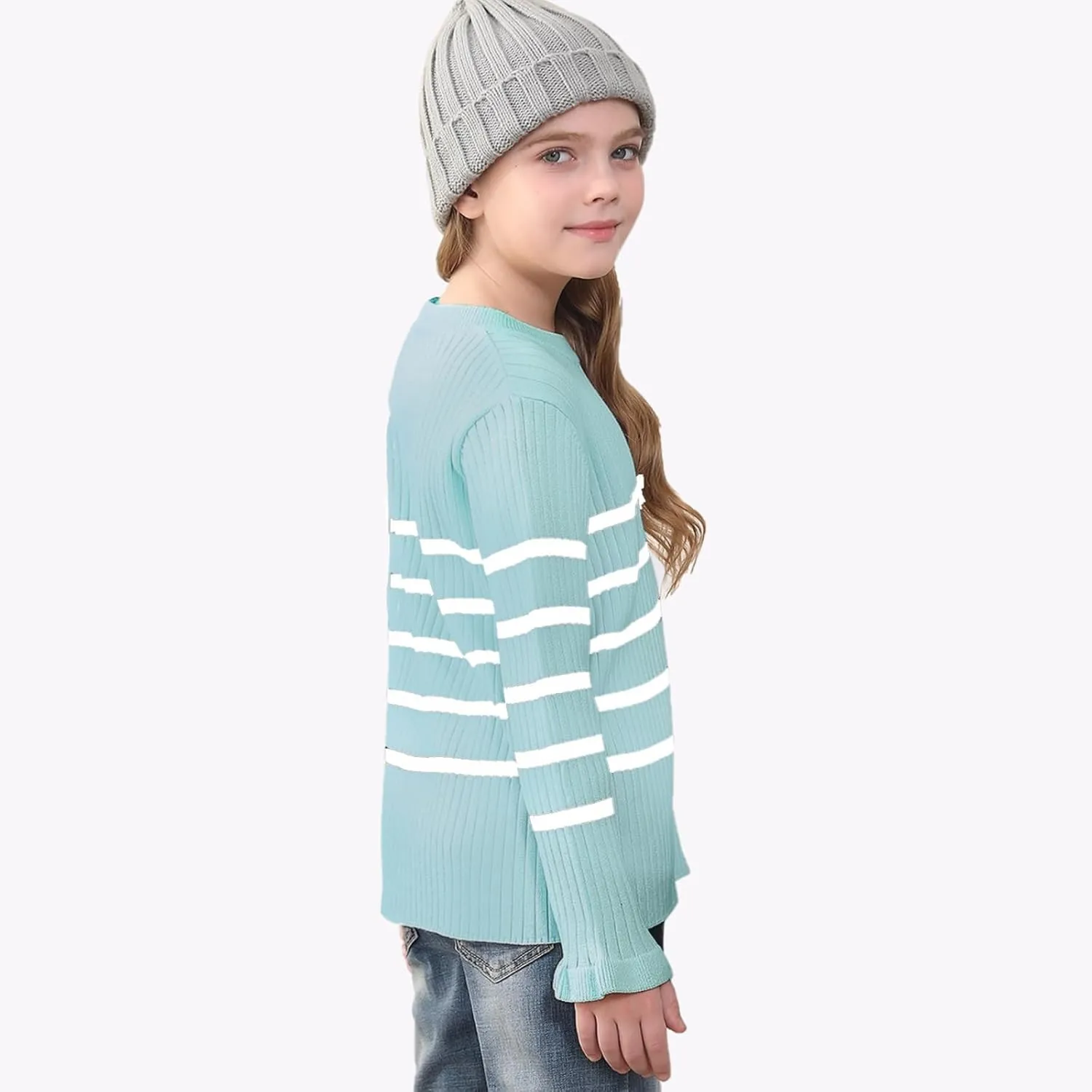 OEBLD Girl's Striped Knit Oversized Fall Sweaters Fashion Long Sleeve Crewneck Pullover Sweater Trendy Tops