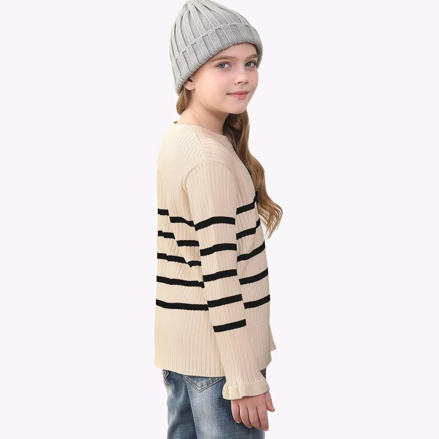 OEBLD Girl's Striped Knit Oversized Fall Sweaters Fashion Long Sleeve Crewneck Pullover Sweater Trendy Tops