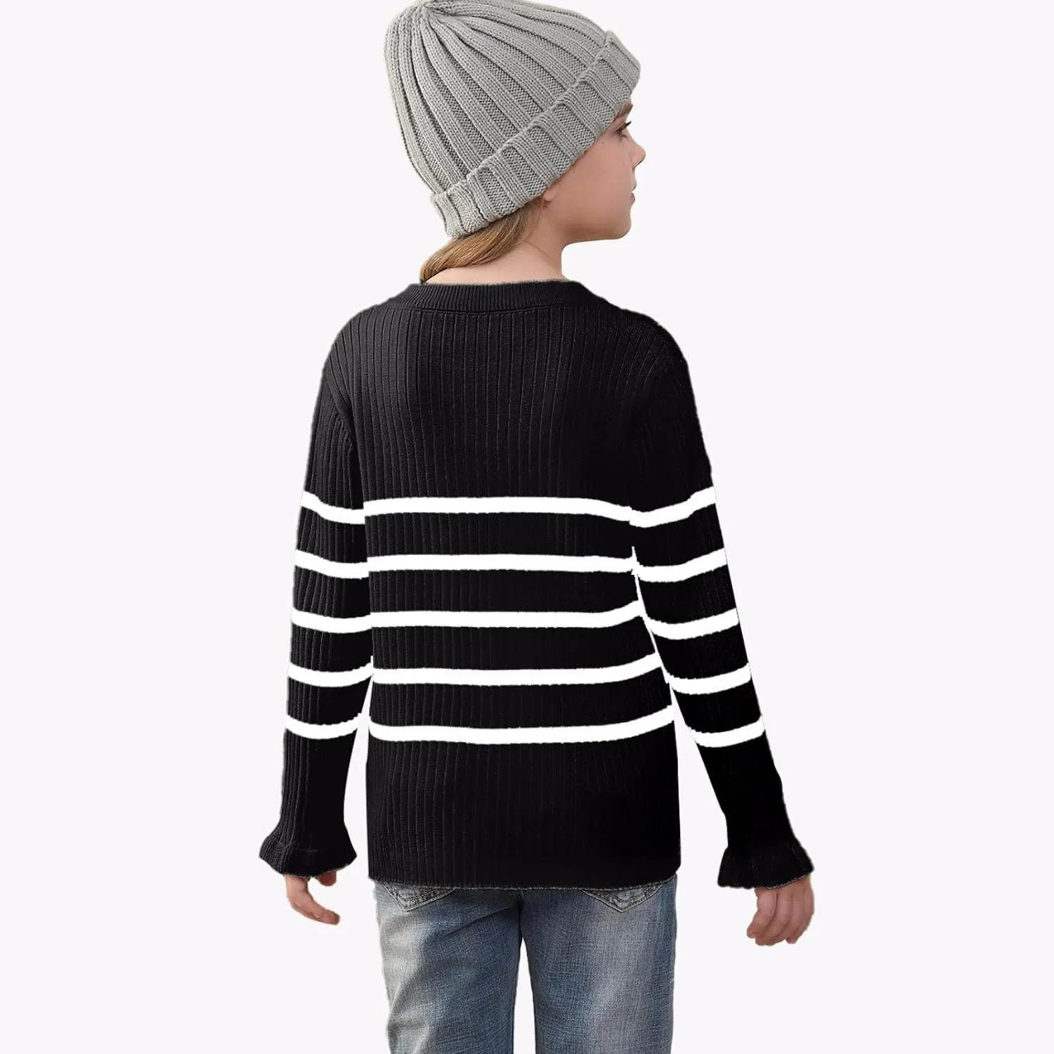 OEBLD Girl's Striped Knit Oversized Fall Sweaters Fashion Long Sleeve Crewneck Pullover Sweater Trendy Tops