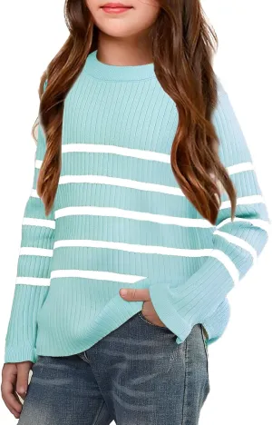 OEBLD Girl's Striped Knit Oversized Fall Sweaters Fashion Long Sleeve Crewneck Pullover Sweater Trendy Tops