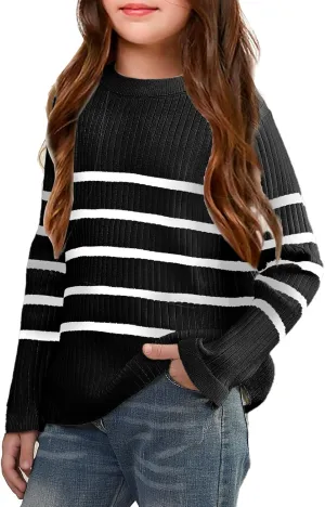 OEBLD Girl's Striped Knit Oversized Fall Sweaters Fashion Long Sleeve Crewneck Pullover Sweater Trendy Tops