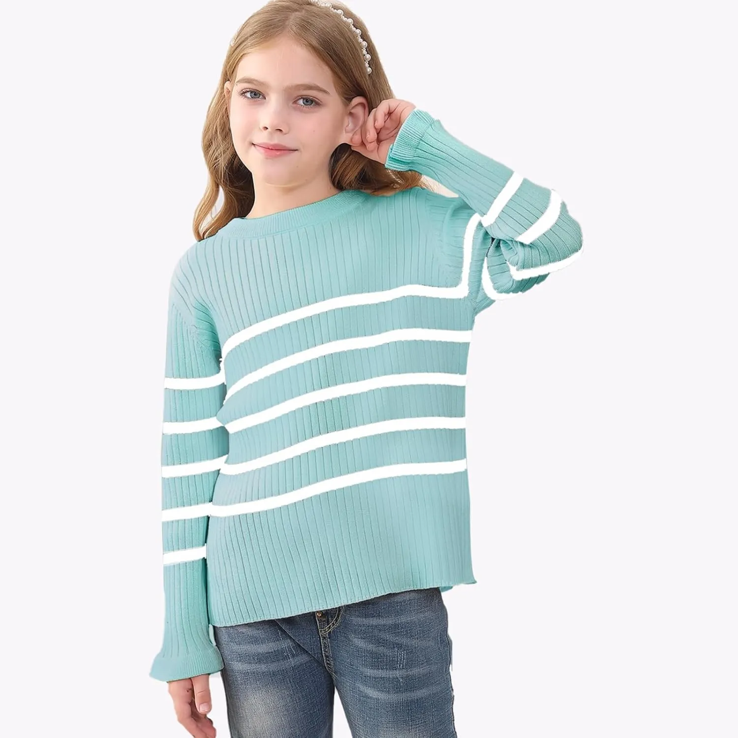 OEBLD Girl's Striped Knit Oversized Fall Sweaters Fashion Long Sleeve Crewneck Pullover Sweater Trendy Tops