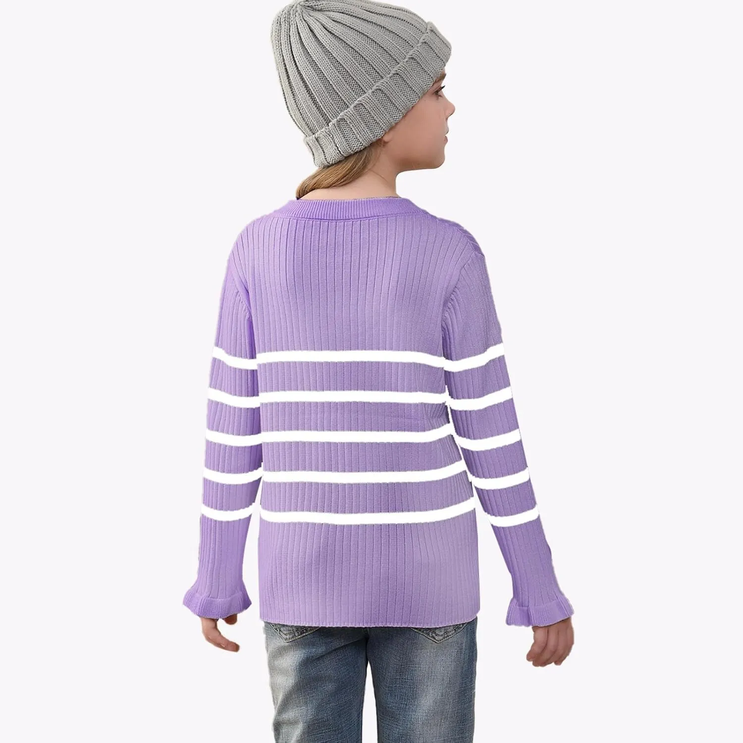 OEBLD Girl's Striped Knit Oversized Fall Sweaters Fashion Long Sleeve Crewneck Pullover Sweater Trendy Tops