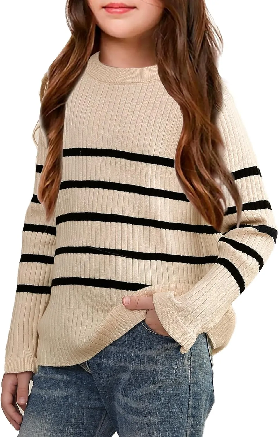 OEBLD Girl's Striped Knit Oversized Fall Sweaters Fashion Long Sleeve Crewneck Pullover Sweater Trendy Tops