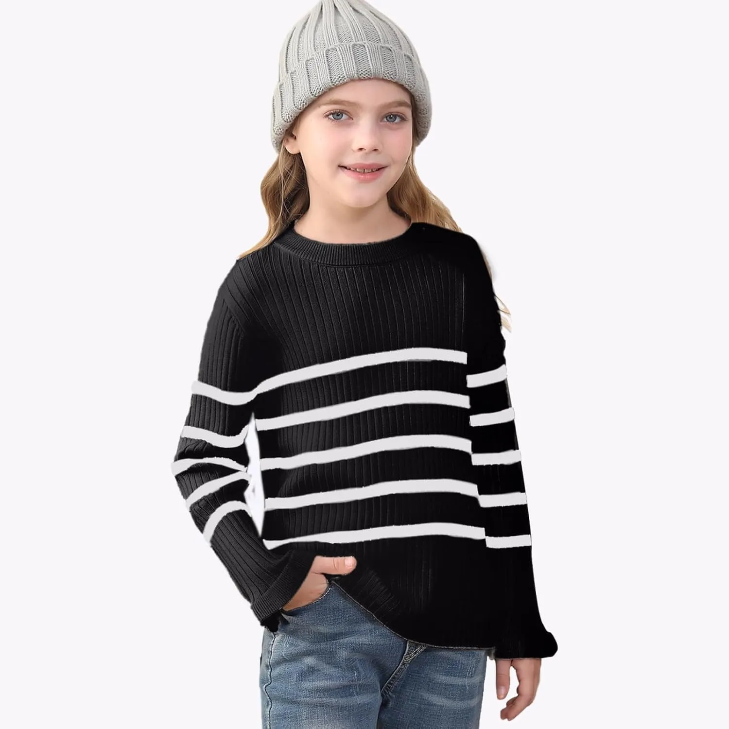 OEBLD Girl's Striped Knit Oversized Fall Sweaters Fashion Long Sleeve Crewneck Pullover Sweater Trendy Tops