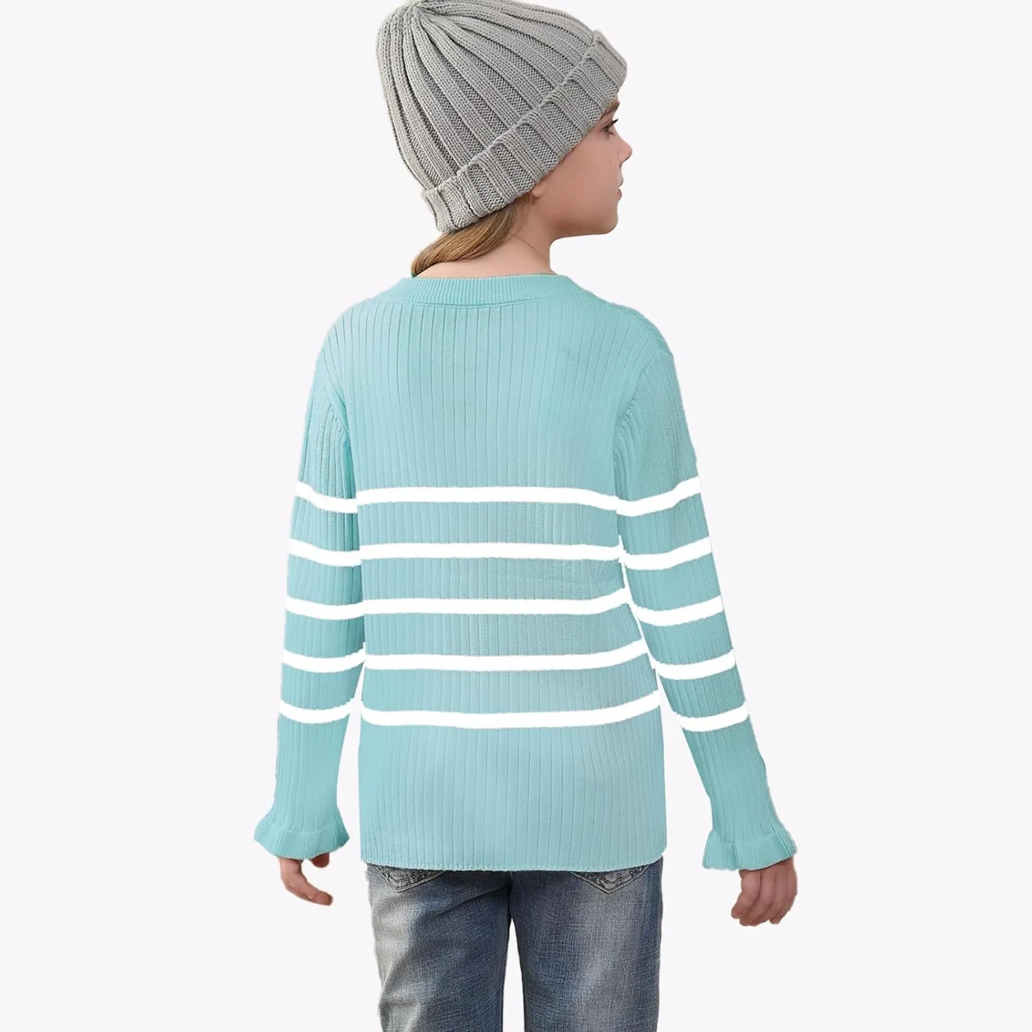 OEBLD Girl's Striped Knit Oversized Fall Sweaters Fashion Long Sleeve Crewneck Pullover Sweater Trendy Tops