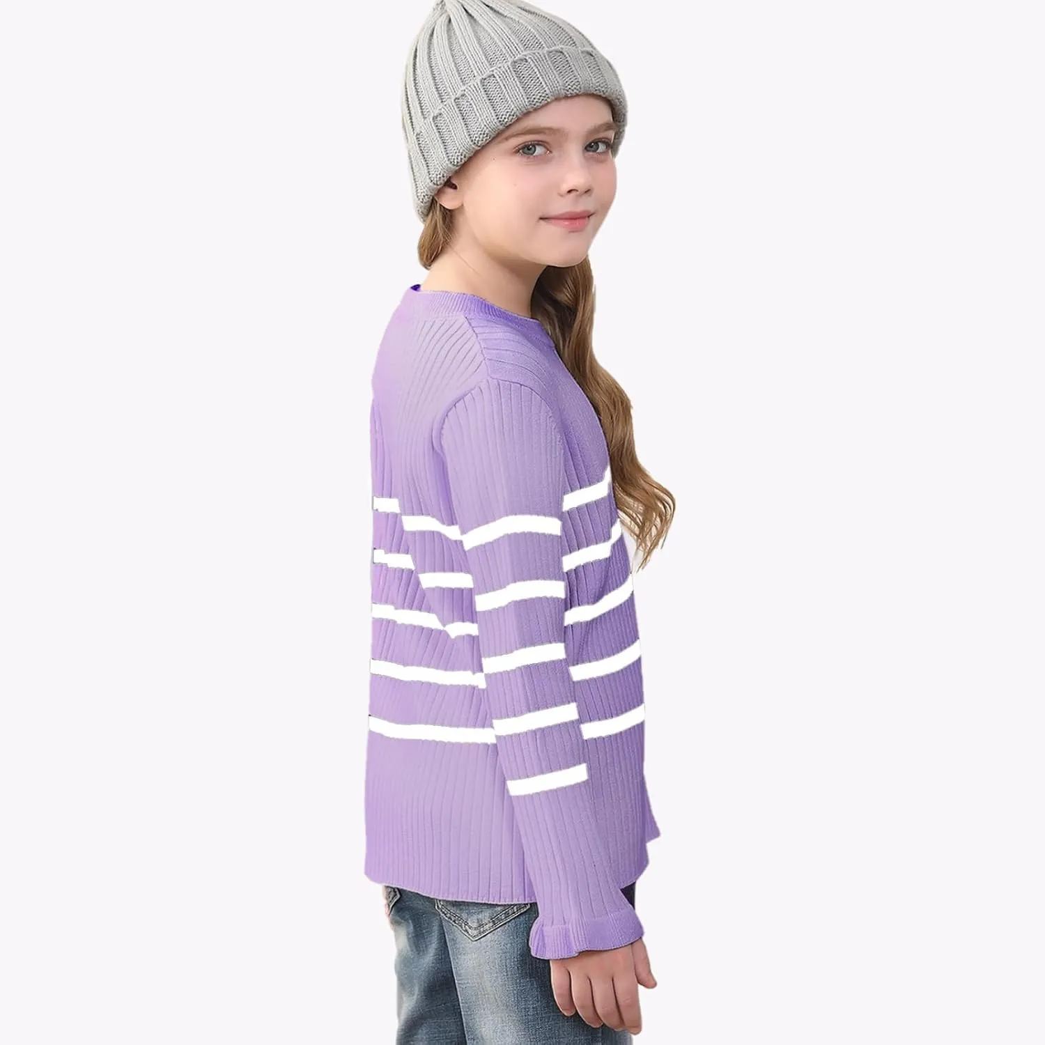 OEBLD Girl's Striped Knit Oversized Fall Sweaters Fashion Long Sleeve Crewneck Pullover Sweater Trendy Tops