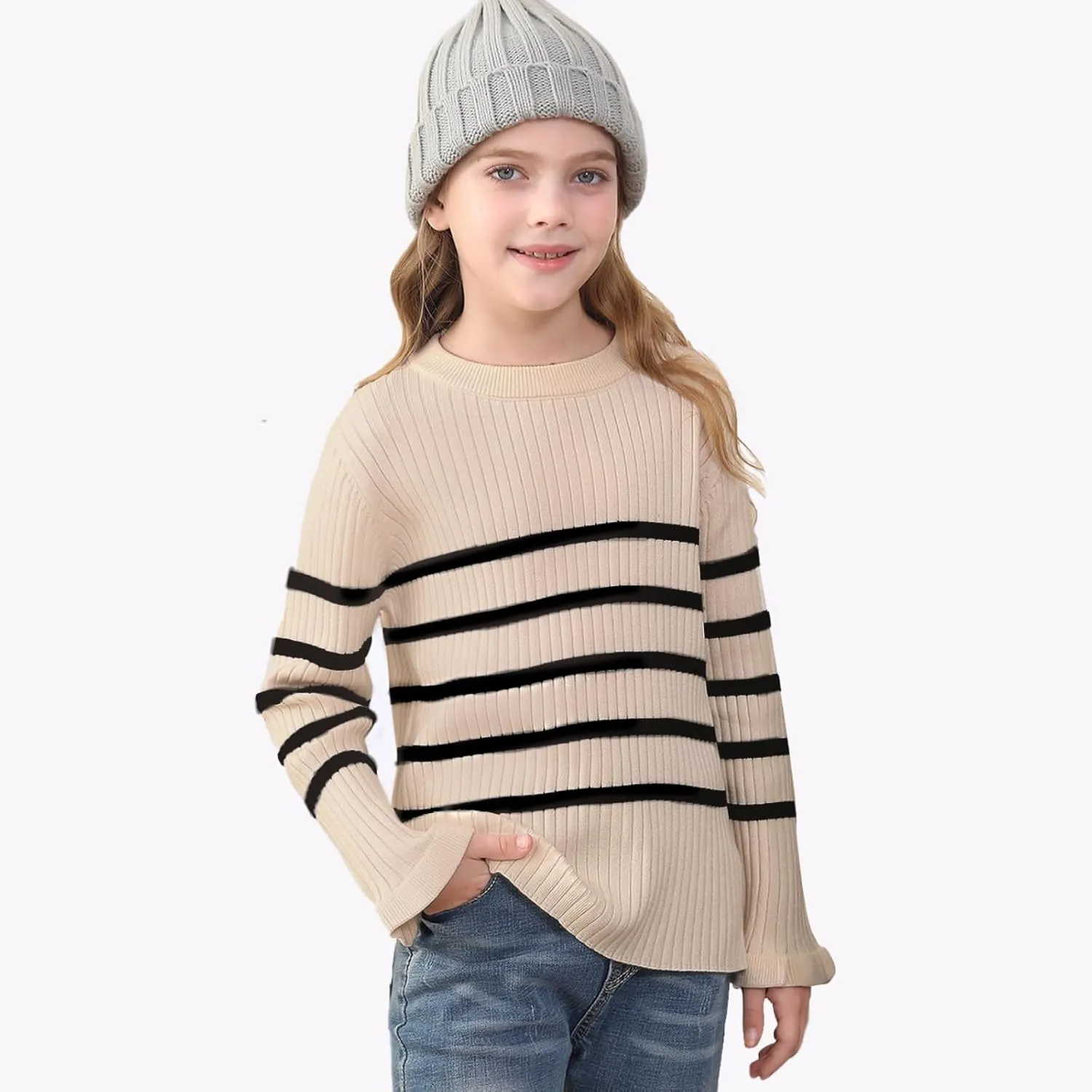 OEBLD Girl's Striped Knit Oversized Fall Sweaters Fashion Long Sleeve Crewneck Pullover Sweater Trendy Tops