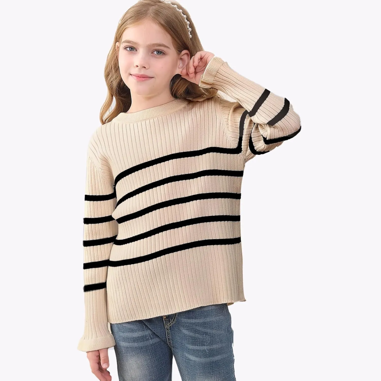 OEBLD Girl's Striped Knit Oversized Fall Sweaters Fashion Long Sleeve Crewneck Pullover Sweater Trendy Tops