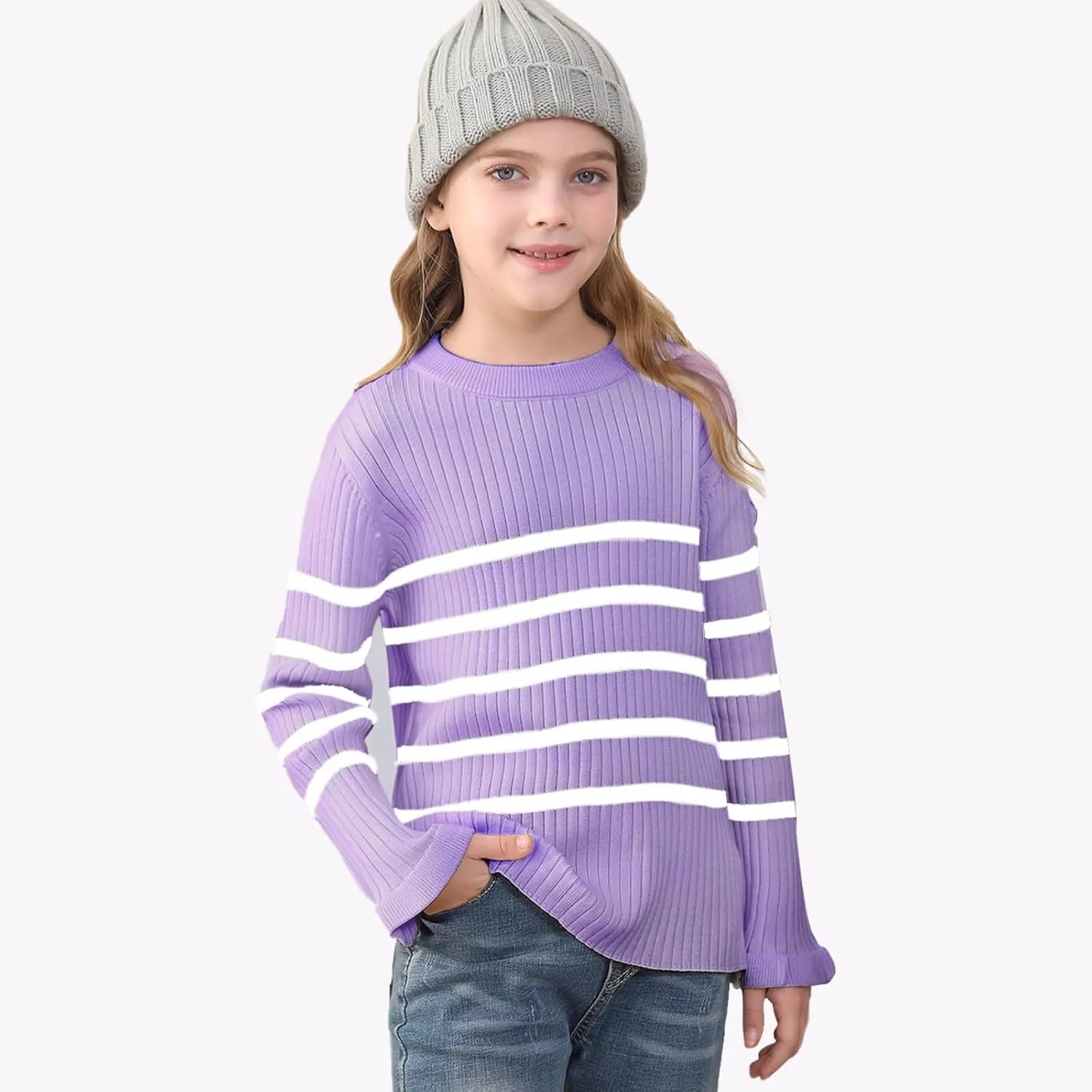 OEBLD Girl's Striped Knit Oversized Fall Sweaters Fashion Long Sleeve Crewneck Pullover Sweater Trendy Tops