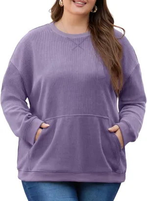 OLRIK Plus Size Sweatshirts for Women Corduroy Knit Long Sleeve Crew Neck Pullover with Pocket 2025 Trendy Sweater 1X-5X