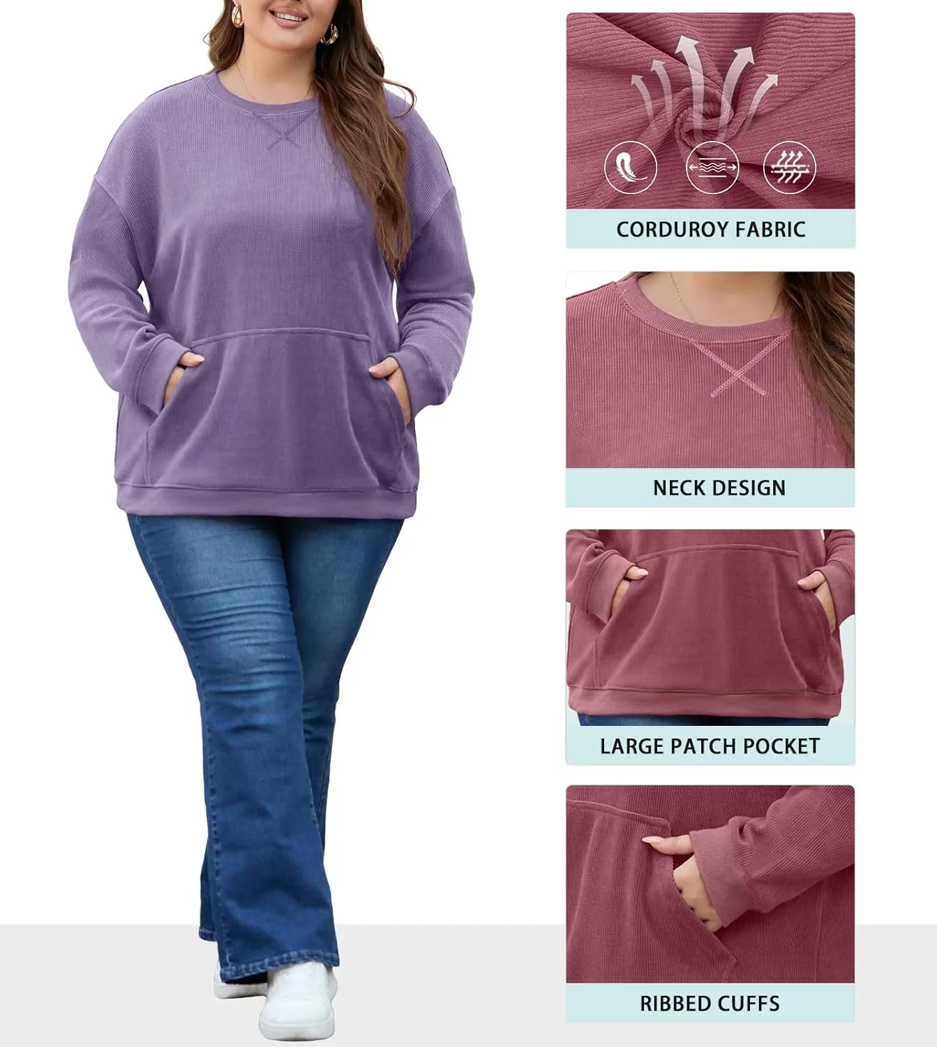 OLRIK Plus Size Sweatshirts for Women Corduroy Knit Long Sleeve Crew Neck Pullover with Pocket 2025 Trendy Sweater 1X-5X