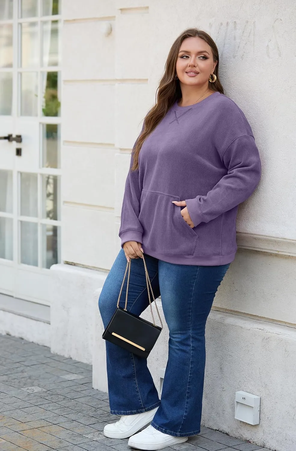 OLRIK Plus Size Sweatshirts for Women Corduroy Knit Long Sleeve Crew Neck Pullover with Pocket 2025 Trendy Sweater 1X-5X