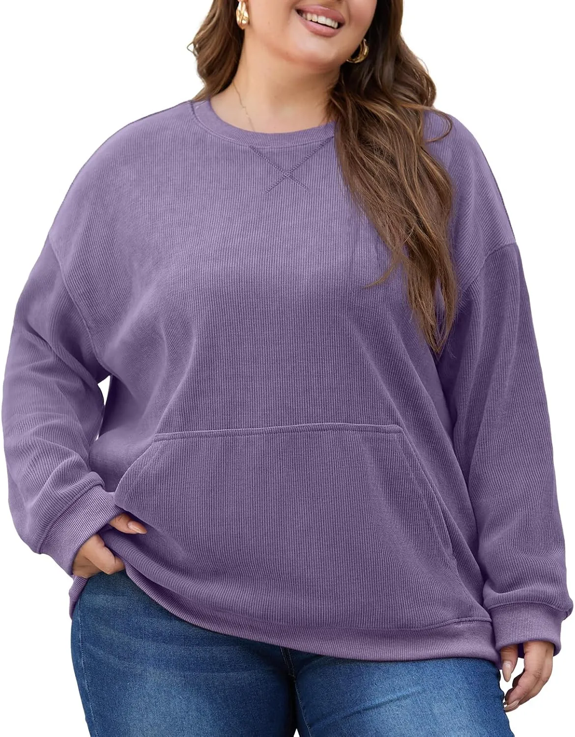 OLRIK Plus Size Sweatshirts for Women Corduroy Knit Long Sleeve Crew Neck Pullover with Pocket 2025 Trendy Sweater 1X-5X