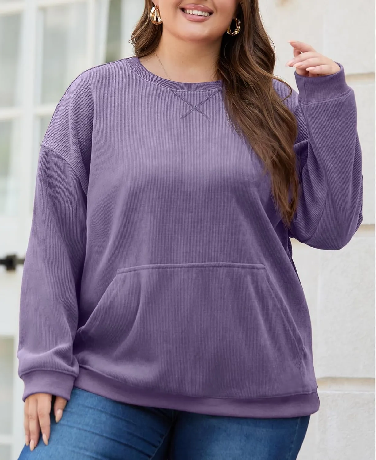OLRIK Plus Size Sweatshirts for Women Corduroy Knit Long Sleeve Crew Neck Pullover with Pocket 2025 Trendy Sweater 1X-5X