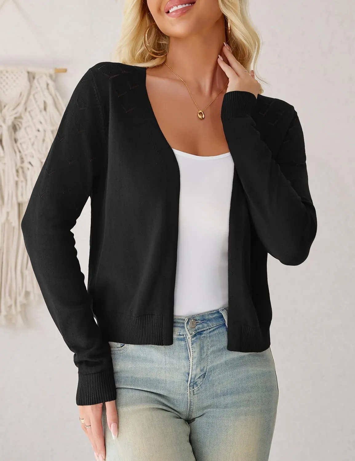 OmicGot Women's Long Sleeve Shrugs Open Front Cropped Cardigan Sweater Bolero Shrugs S-XL