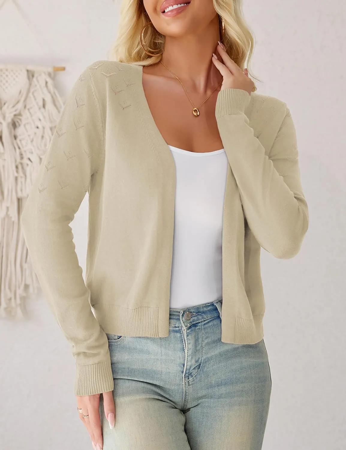 OmicGot Women's Long Sleeve Shrugs Open Front Cropped Cardigan Sweater Bolero Shrugs S-XL