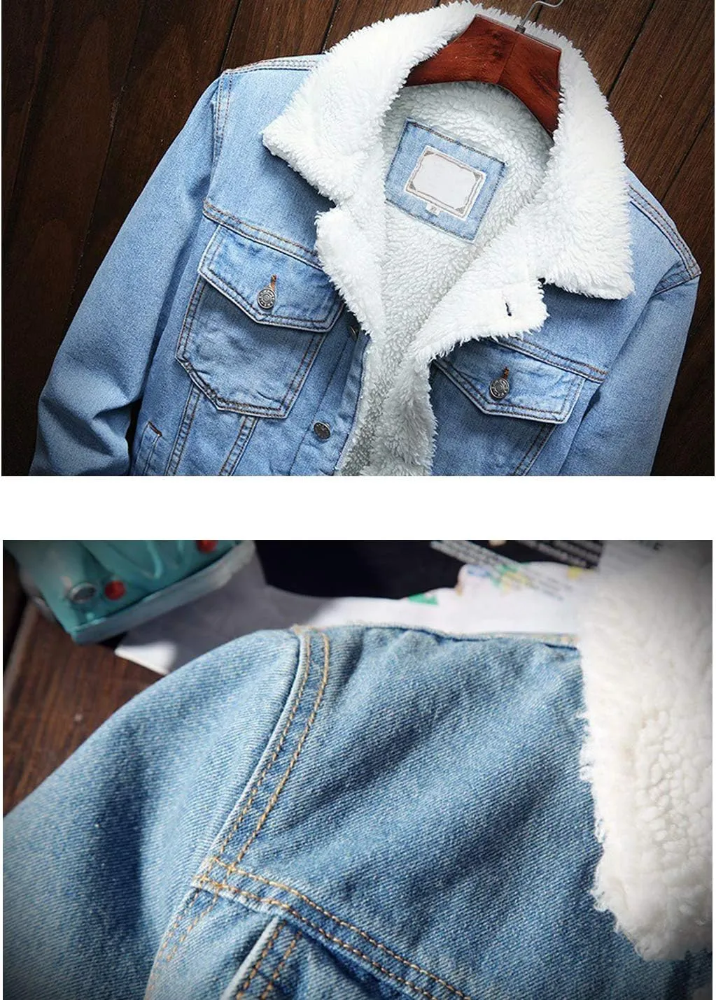 Omoone Men's Lapel Sherpa Fleece Lined Thicken Denim Jean Trucker Jacket Coats