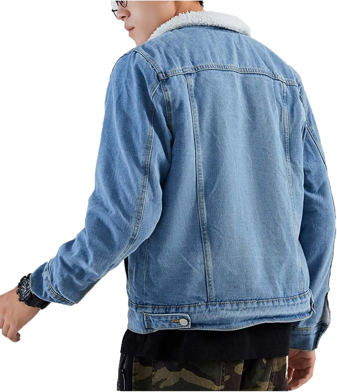 Omoone Men's Lapel Sherpa Fleece Lined Thicken Denim Jean Trucker Jacket Coats