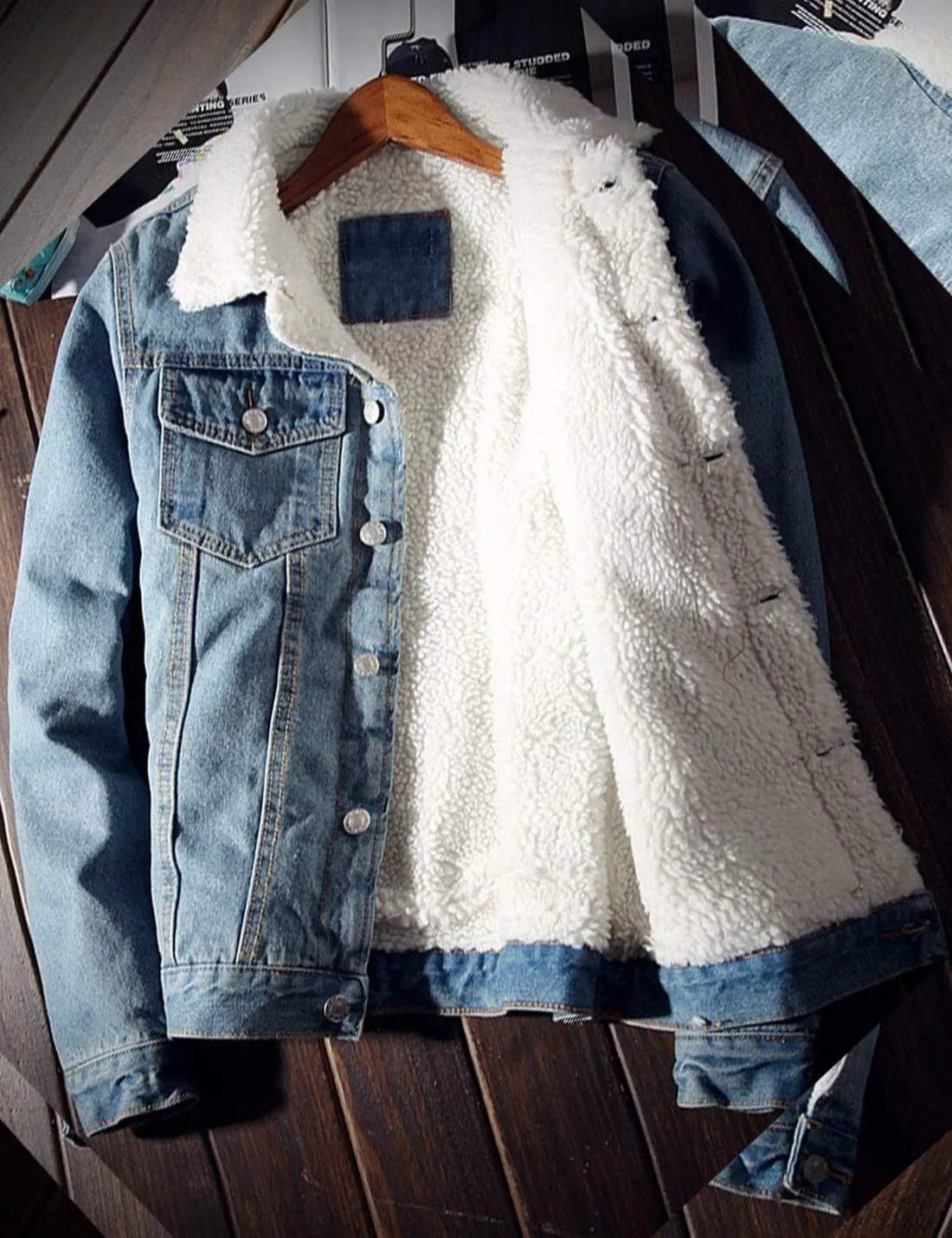 Omoone Men's Lapel Sherpa Fleece Lined Thicken Denim Jean Trucker Jacket Coats