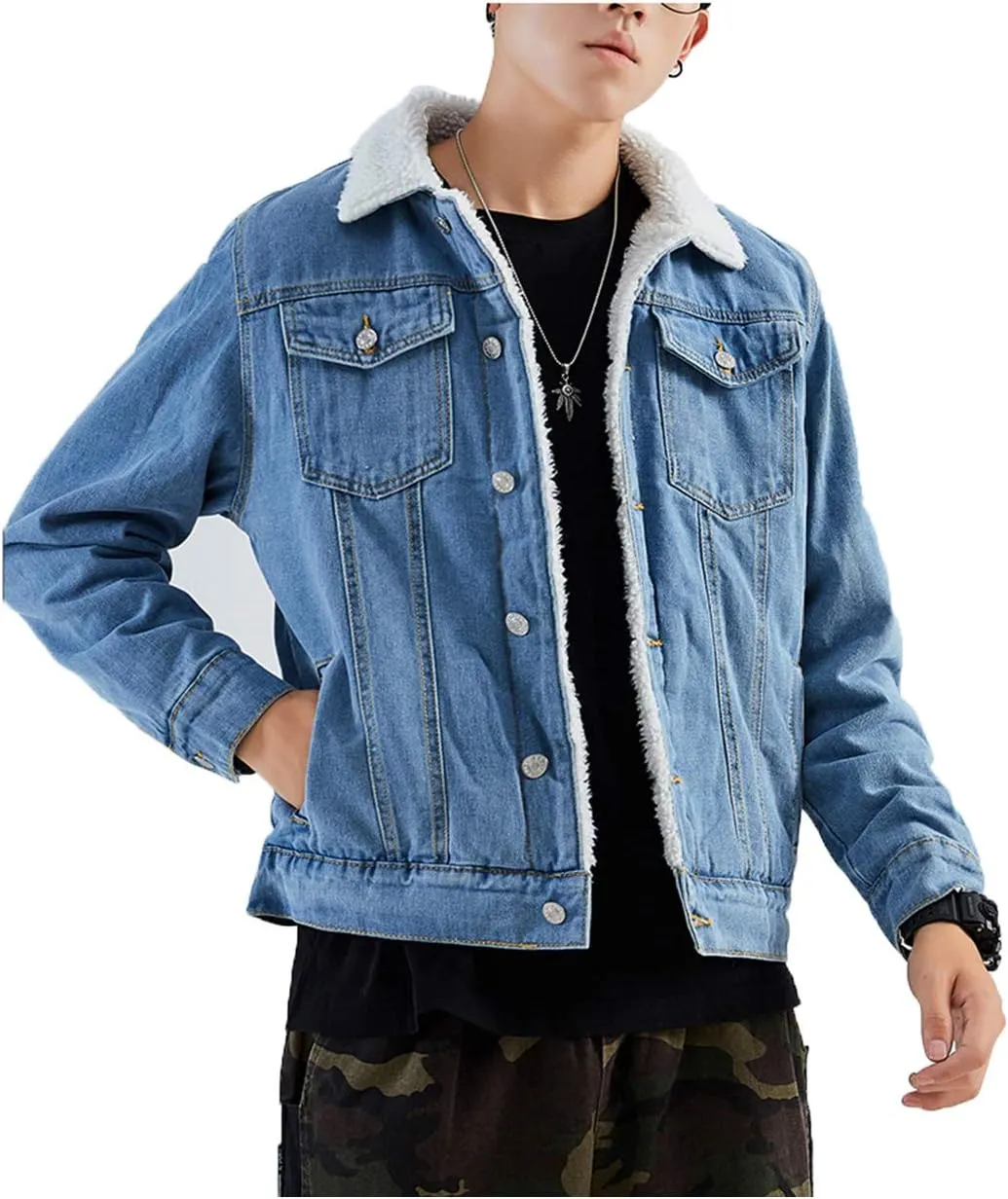 Omoone Men's Lapel Sherpa Fleece Lined Thicken Denim Jean Trucker Jacket Coats
