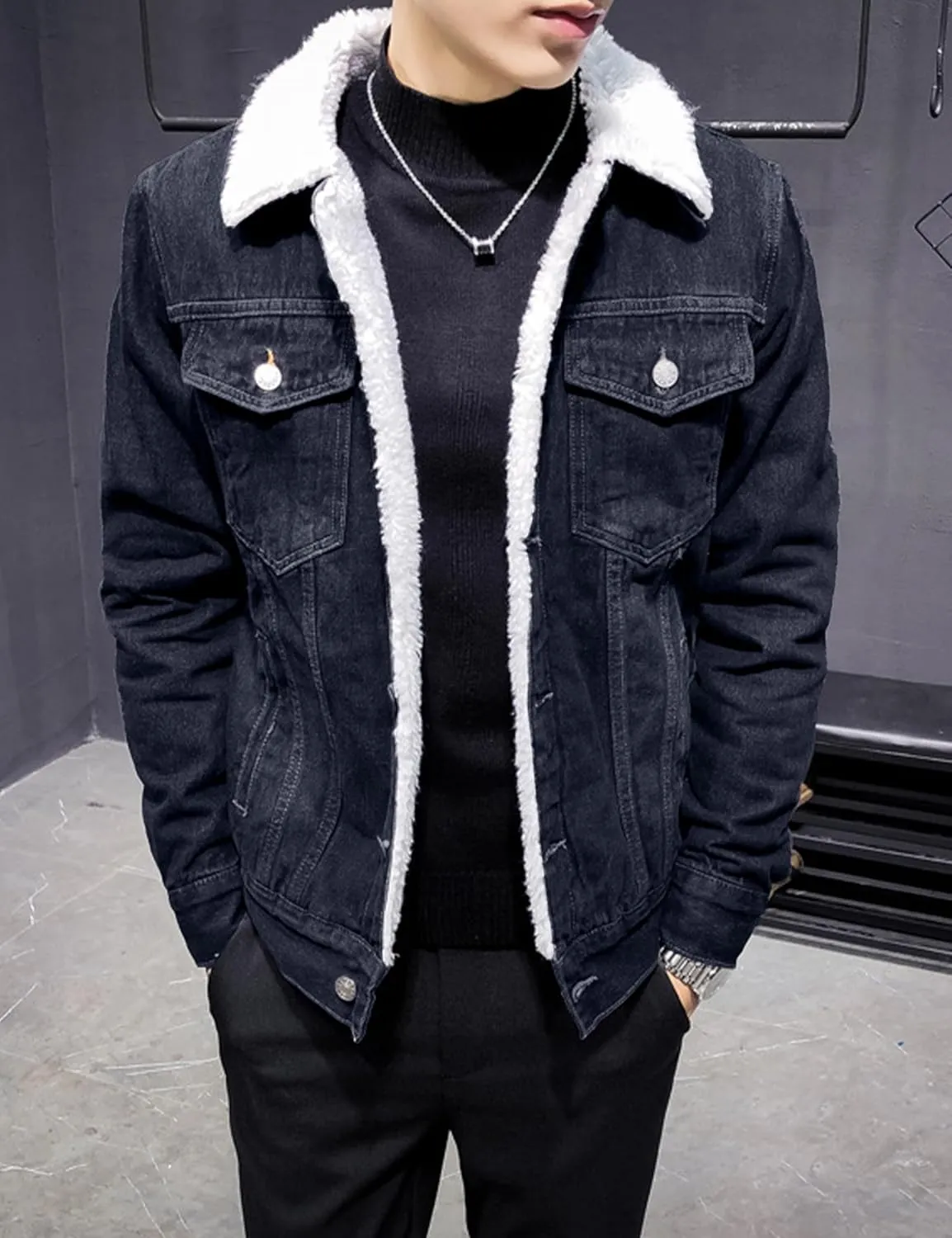 Omoone Men's Lapel Sherpa Fleece Lined Thicken Denim Jean Trucker Jacket Coats