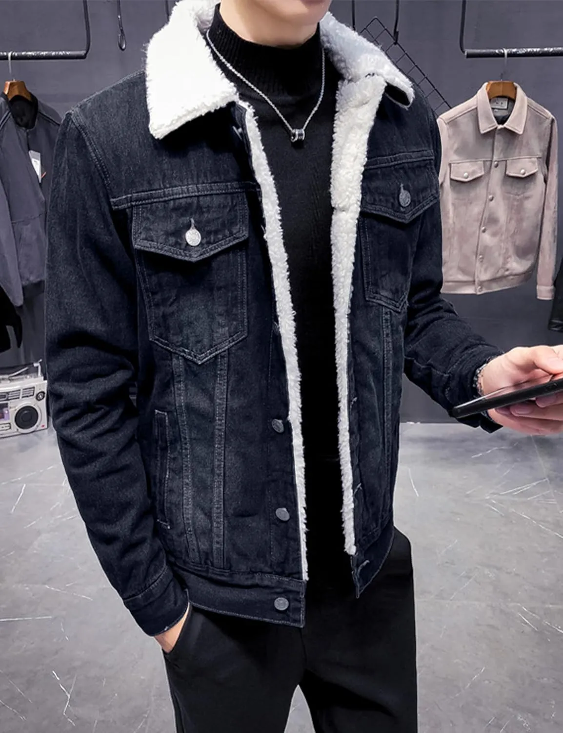 Omoone Men's Lapel Sherpa Fleece Lined Thicken Denim Jean Trucker Jacket Coats