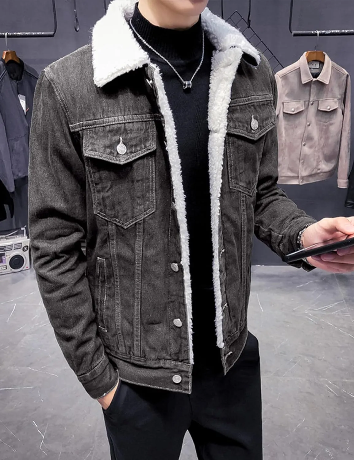 Omoone Men's Lapel Sherpa Fleece Lined Thicken Denim Jean Trucker Jacket Coats