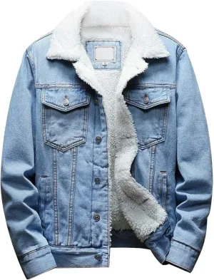 Omoone Men's Lapel Sherpa Fleece Lined Thicken Denim Jean Trucker Jacket Coats