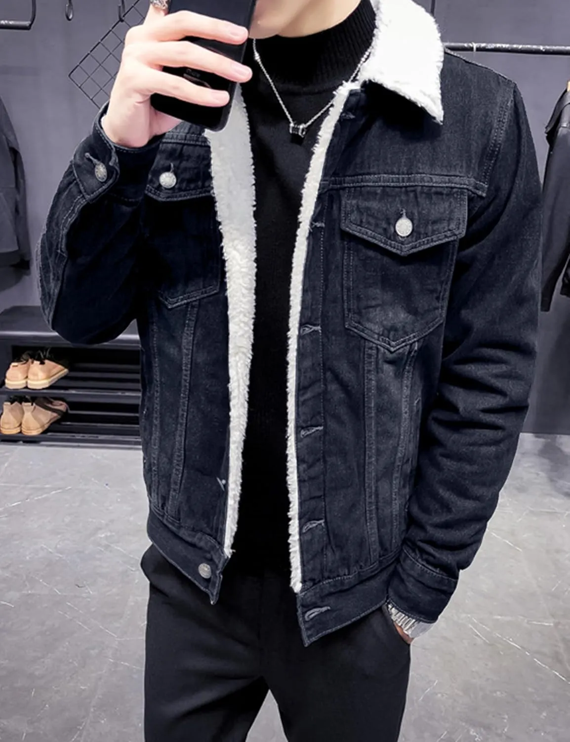Omoone Men's Lapel Sherpa Fleece Lined Thicken Denim Jean Trucker Jacket Coats