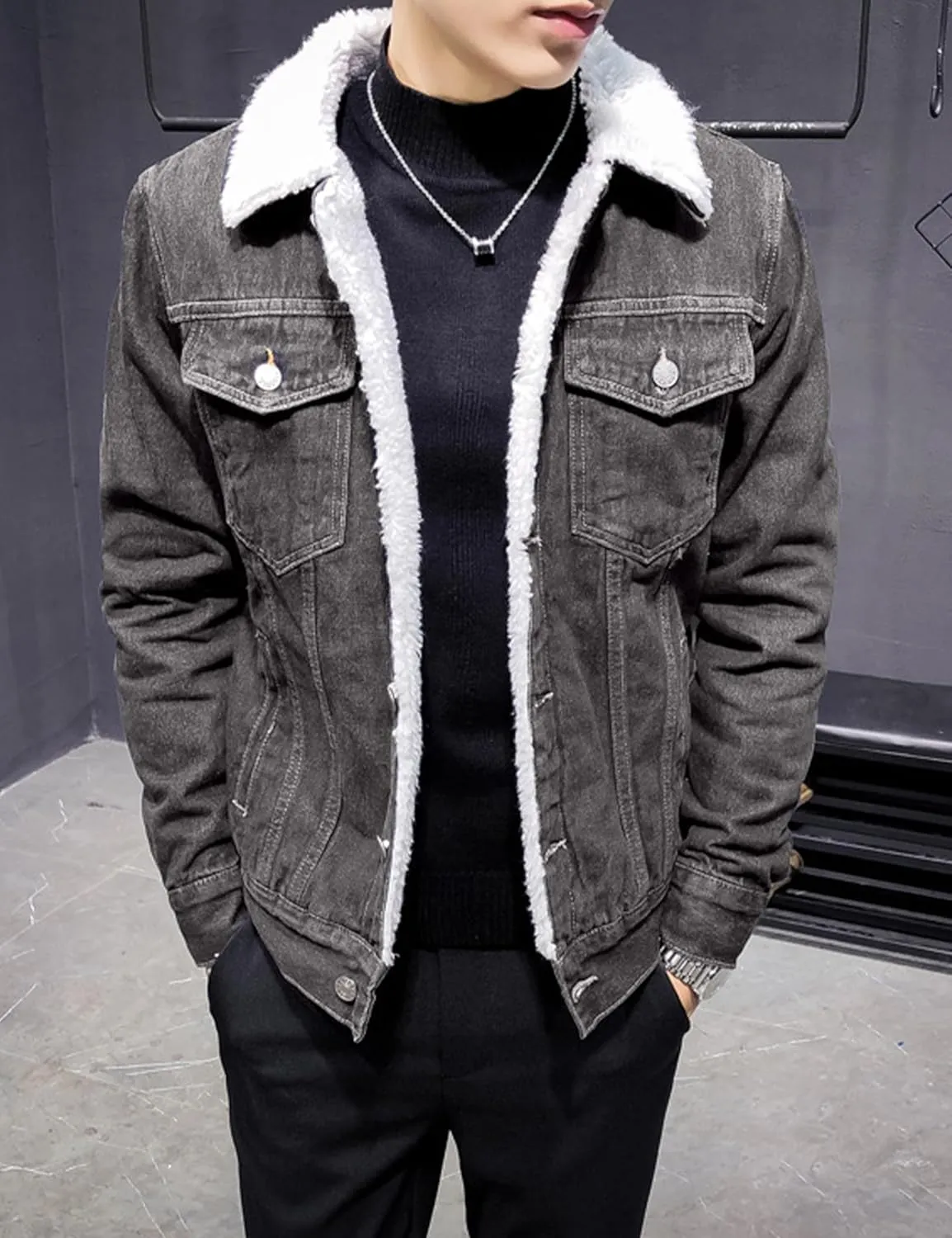 Omoone Men's Lapel Sherpa Fleece Lined Thicken Denim Jean Trucker Jacket Coats