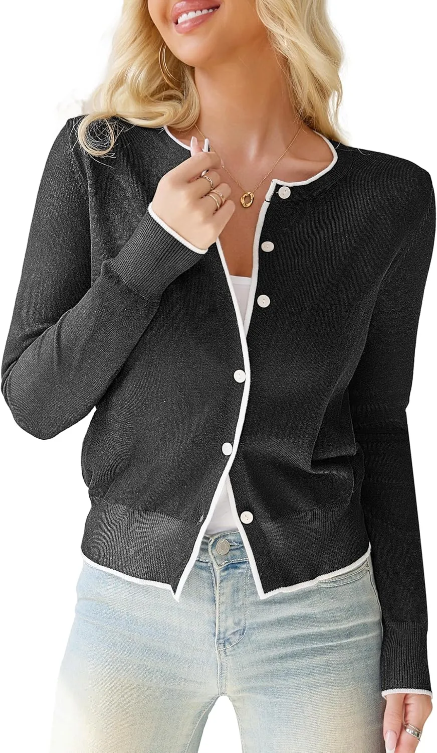 Othyroce Women's Cropped Cardigan Long Sleeve Button Down Contrast Color Shrug Sweaters Jacket for Dresses