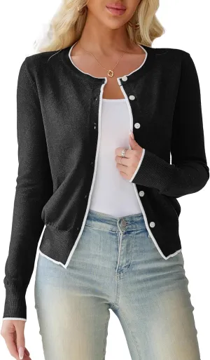 Othyroce Women's Cropped Cardigan Long Sleeve Button Down Contrast Color Shrug Sweaters Jacket for Dresses