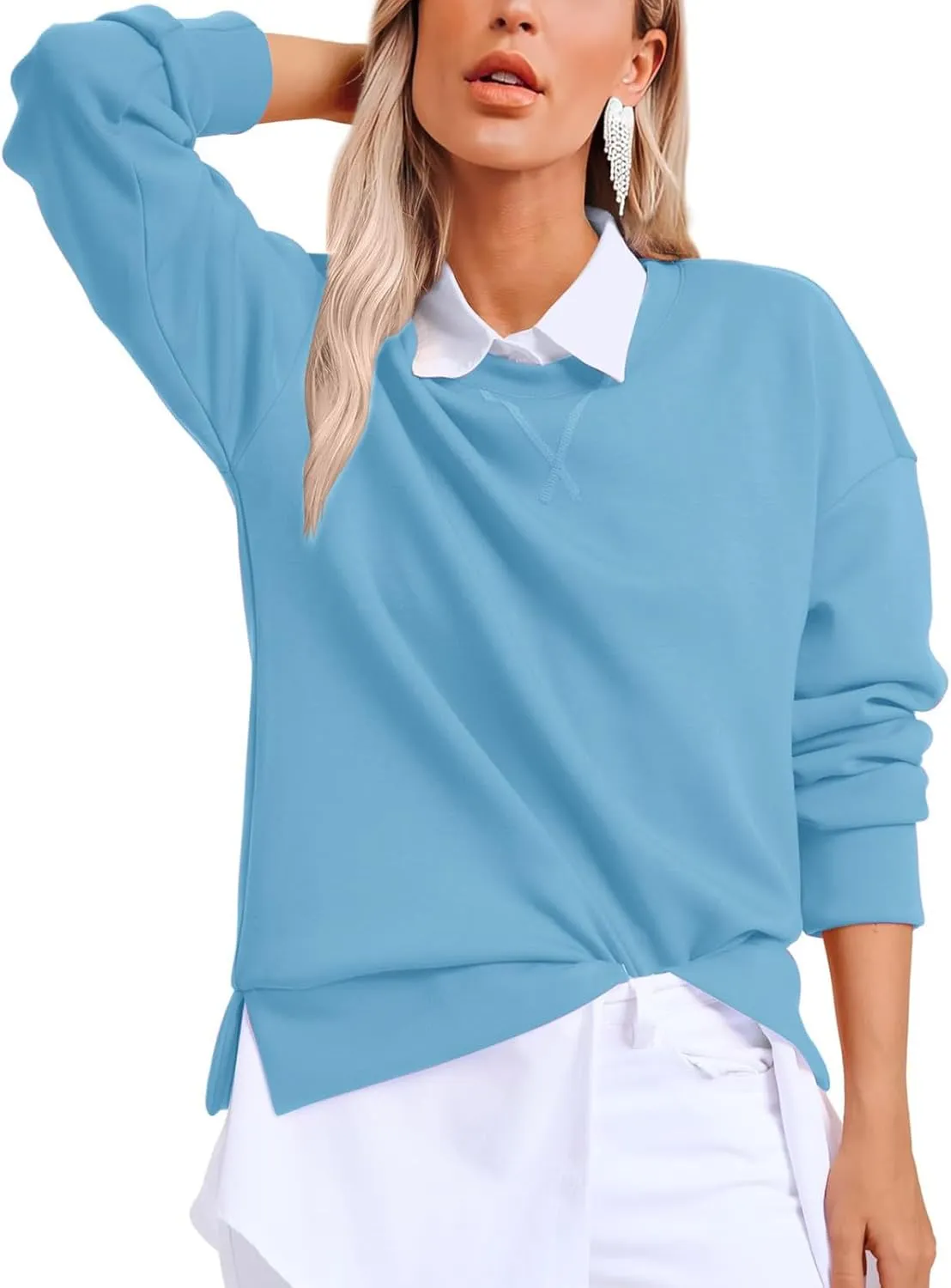 Oversized Crewneck Sweatshirt Women Side Slit Long Sleeve Fleece Pullover Tops Soft Cozy Plain Hoodie Preppy Clothes