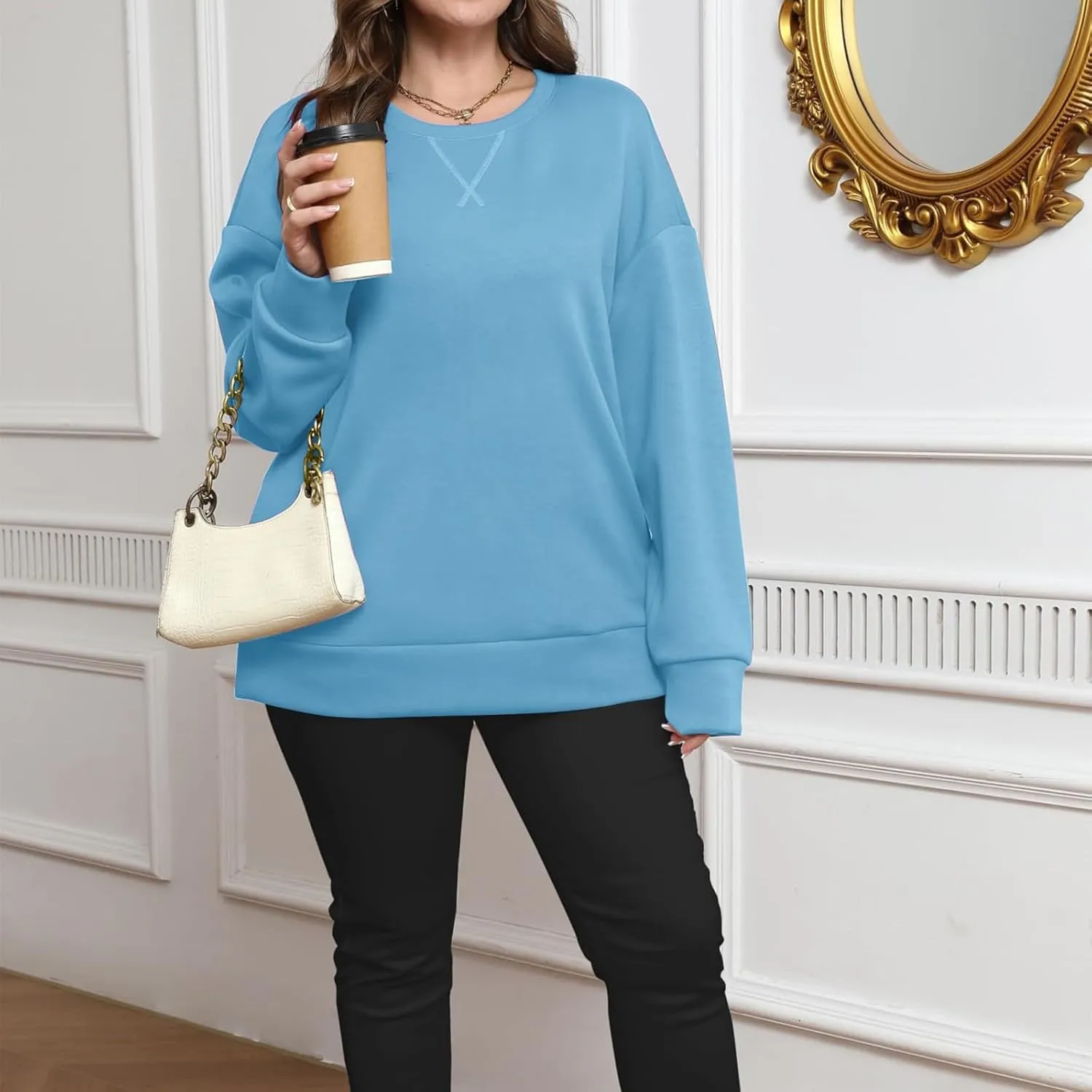 Oversized Crewneck Sweatshirt Women Side Slit Long Sleeve Fleece Pullover Tops Soft Cozy Plain Hoodie Preppy Clothes