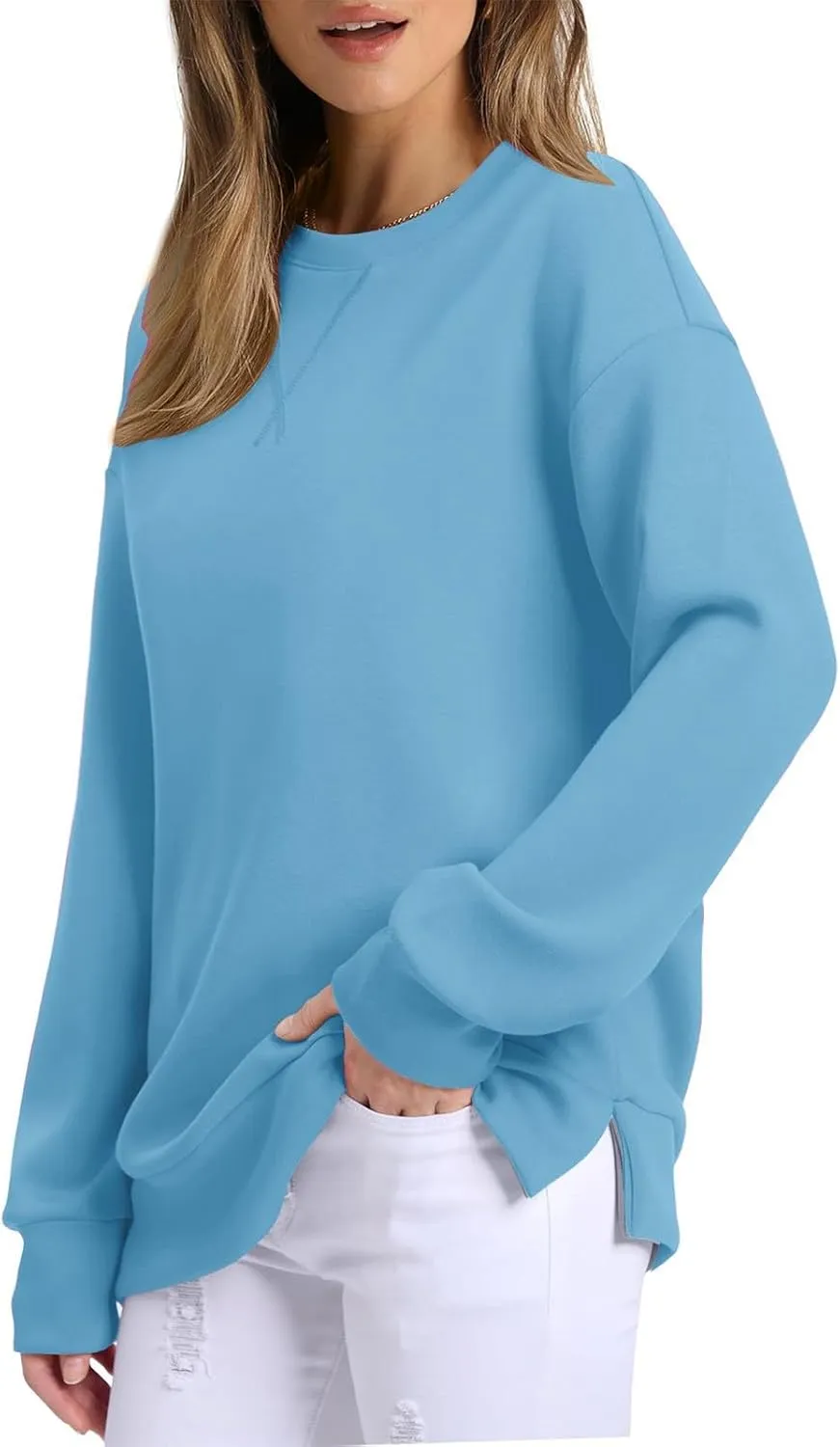 Oversized Crewneck Sweatshirt Women Side Slit Long Sleeve Fleece Pullover Tops Soft Cozy Plain Hoodie Preppy Clothes
