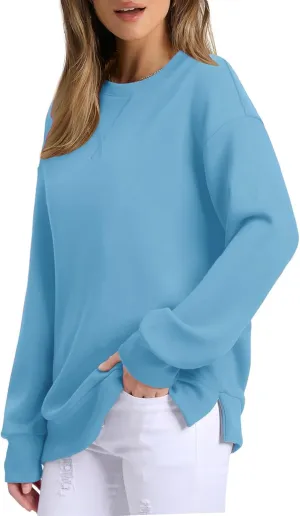 Oversized Crewneck Sweatshirt Women Side Slit Long Sleeve Fleece Pullover Tops Soft Cozy Plain Hoodie Preppy Clothes