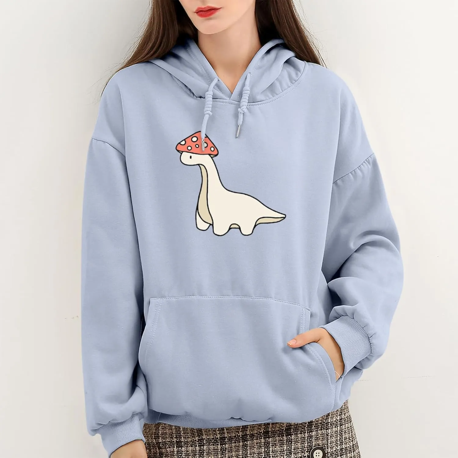 Oversized Cute Mushroom Dino Print Hoodies for Womens Kawaii Cartoon Sweatshirt Teen Girls Cotton Fleece Sweaters